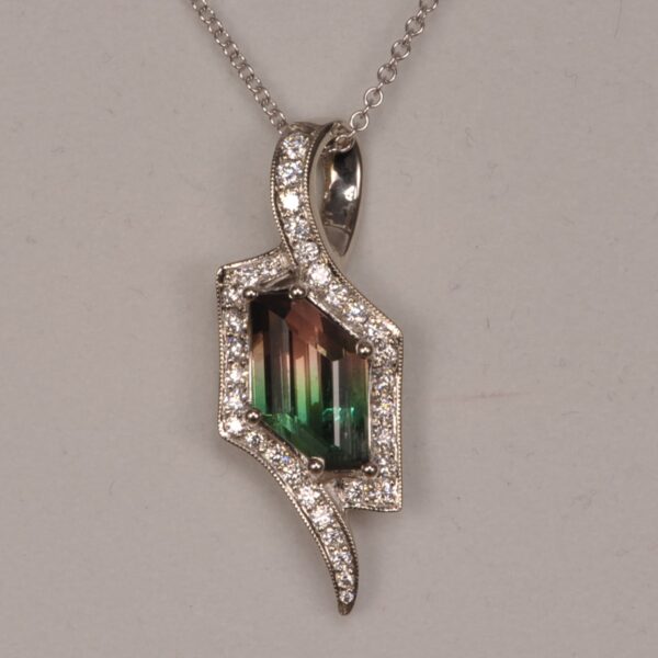 Bi-color tourmaline and diamond pendant, bi color, Cajuel deco style, MINT