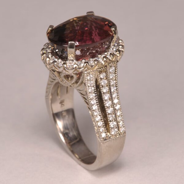 Peach tourmaline and diamond ring, handmade in the USA