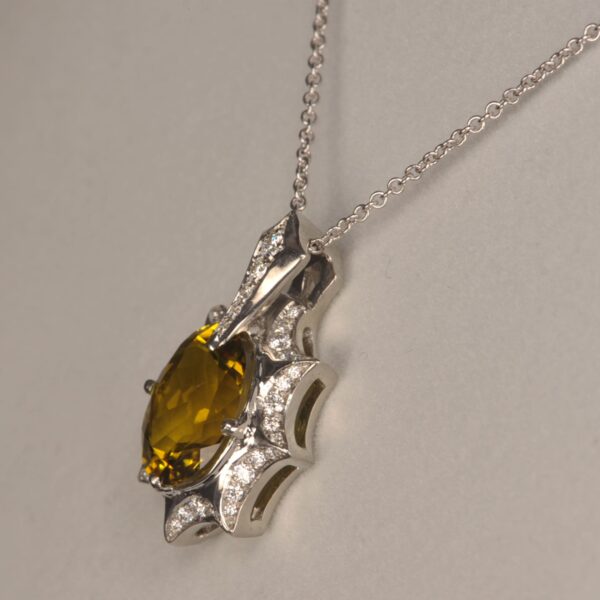 Yellow sapphire and diamond pendant with chain, bright sunshine color, new