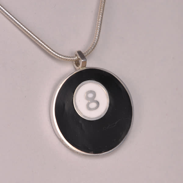 Eight ball, 8 ball silver pendant enamel with chain