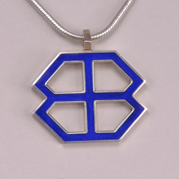 Sterling silver abstract enamel pendant with chain, geometric cobalt blue