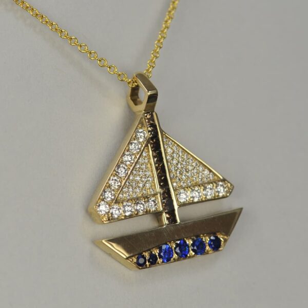 14K yellow gold geometric sailboat diamond pendant with chain