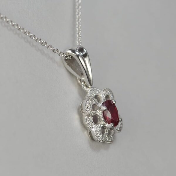 14k white gold fine ruby and diamond pendant with chain