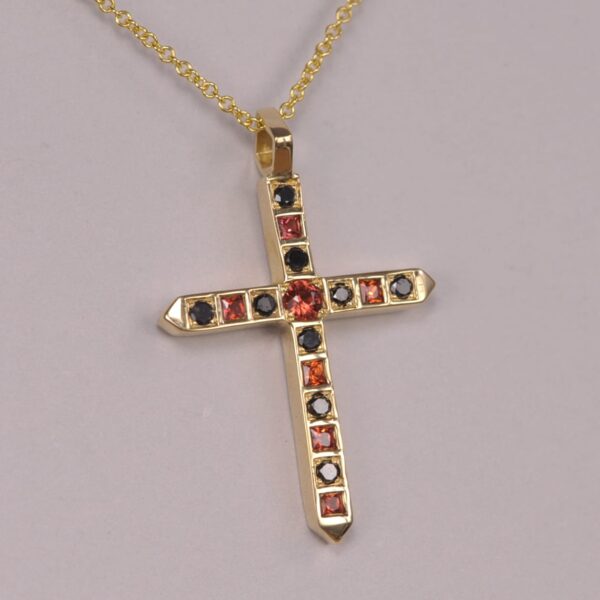 14k orange sapphire and black diamond crucifix cross