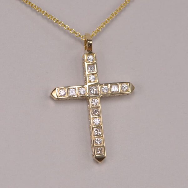 14k gold modern geometric diamond cross, crucifix