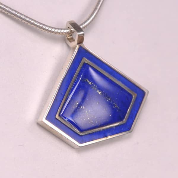 Fine lapis and enamel silver geometric pendant with chain