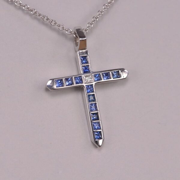 14K white gold blue sapphire and diamond cross, crucifix