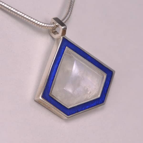 Moonstone and enamel modern silver pendant with chain