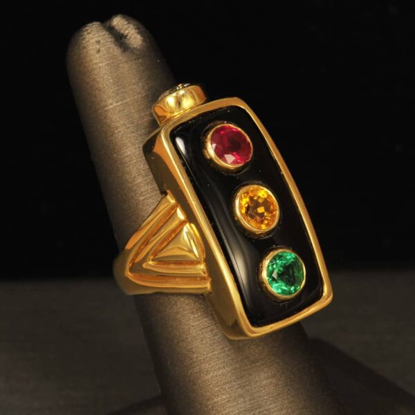 18K gold signal ring, diamond, ruby, emerald, yellow sapphire