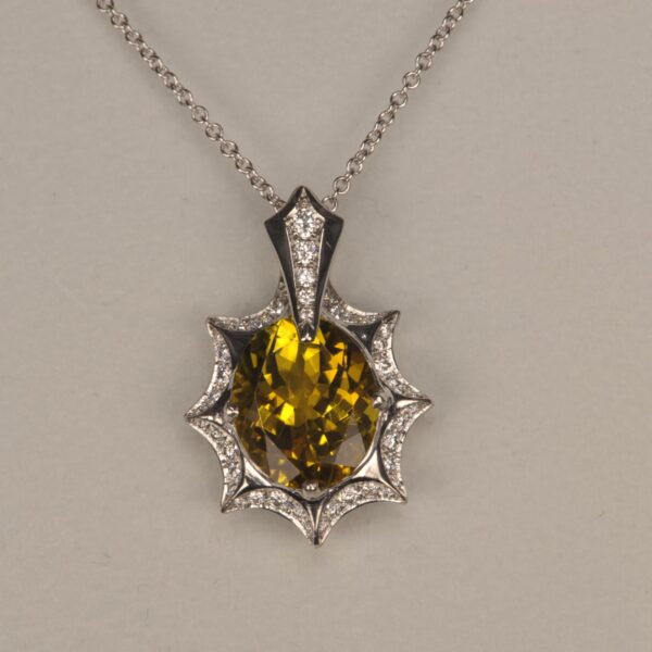 Yellow sapphire and diamond pendant with chain, bright sunshine color, new