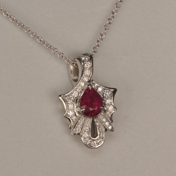 Graceful natural ruby and diamond pendant with chain, mint, new