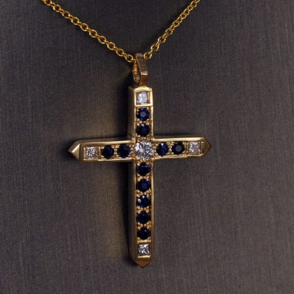 Sapphire and diamond cross, crucifix, authentic Cajuel, very fine, new