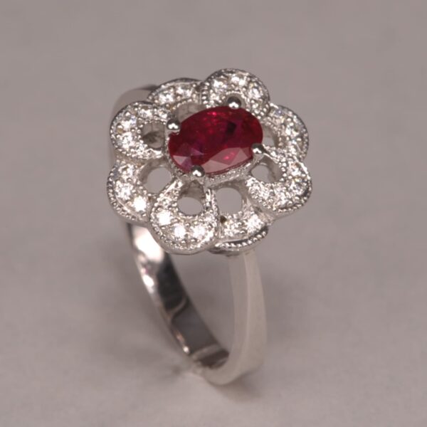 Very Fine ruby and diamond ring, flower motif, handmade