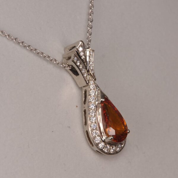 Very Fine orange sapphire and diamond pendant, hinged diamond bail, handmade