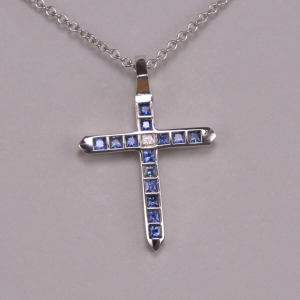 14K white gold blue sapphire and diamond cross, crucifix