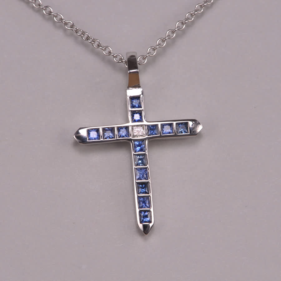 14K white gold blue sapphire and diamond cross, crucifix - Cajuel