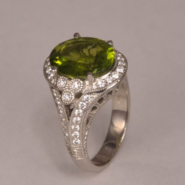 Impressive natural peridot and diamond ring