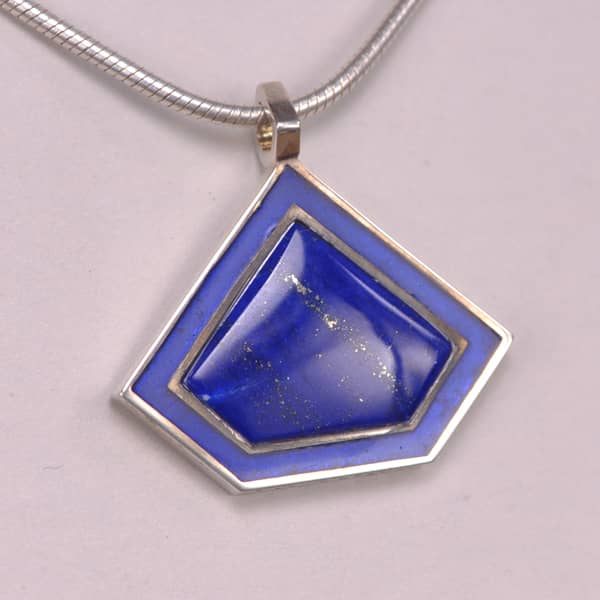 Fine lapis and enamel silver geometric pendant with chain