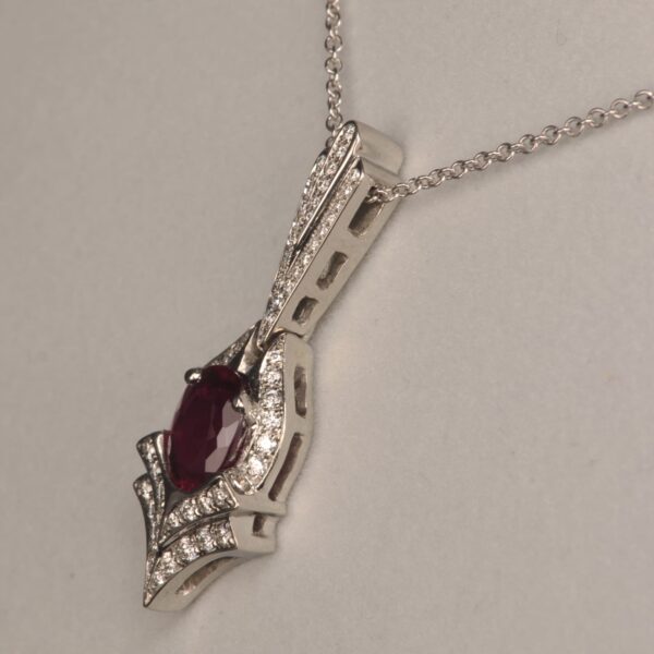 Rubelite (red) tourmaline and diamond pendant, Cajuel deco style