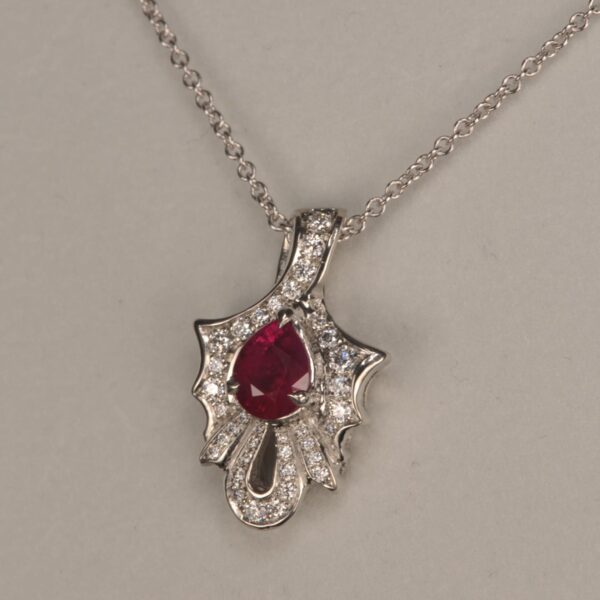 Graceful natural ruby and diamond pendant with chain, mint, new