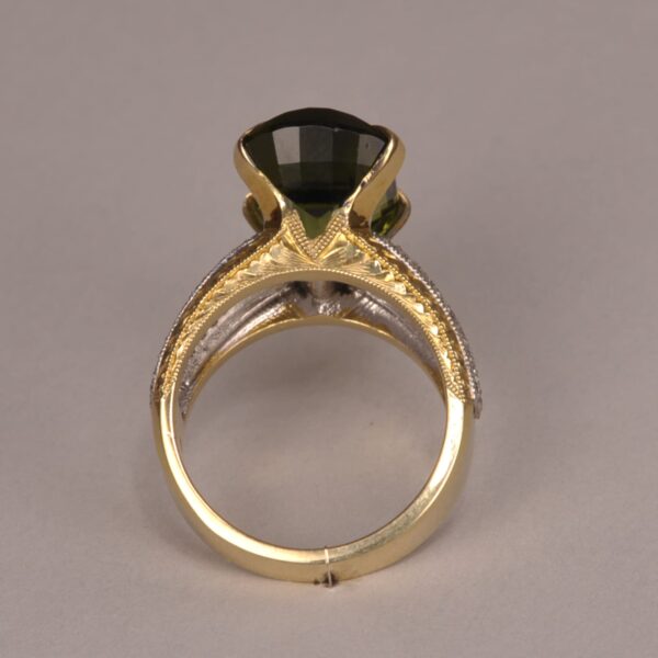 Green tourmaline and diamond ring, special cut