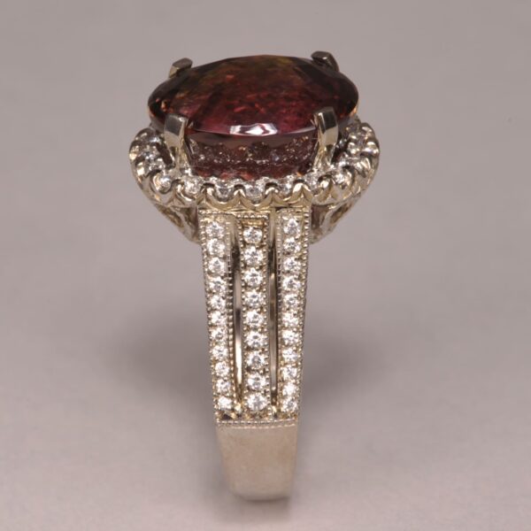 Peach tourmaline and diamond ring, handmade in the USA