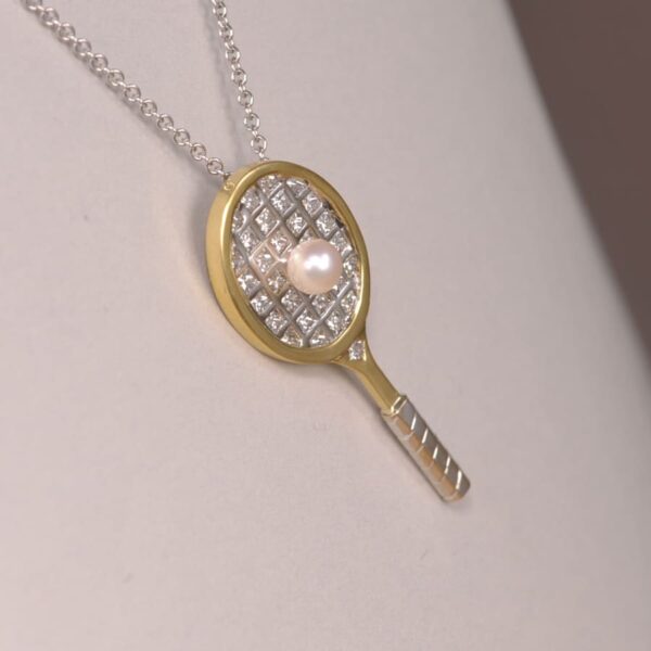 Gold an diamond tennis racket raquet pendant with pearl