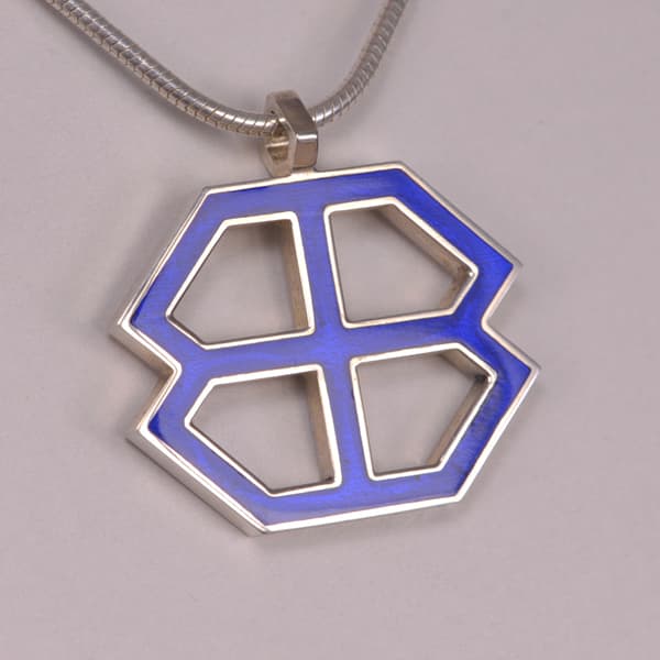 Sterling silver abstract enamel pendant with chain, geometric cobalt blue