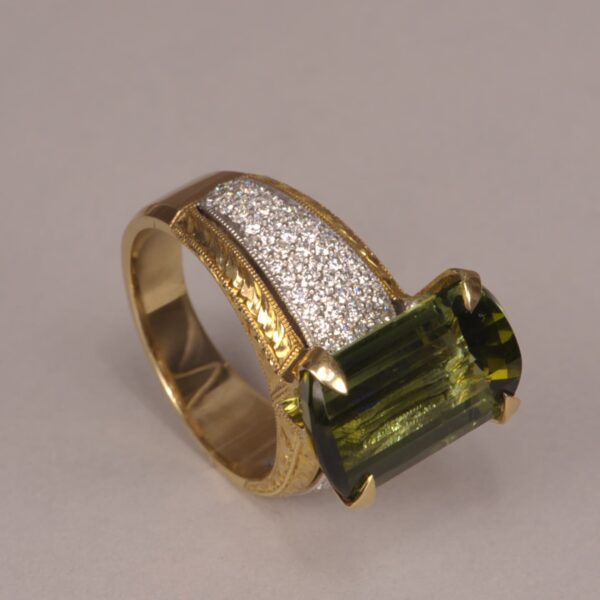 Green tourmaline and diamond ring, special cut