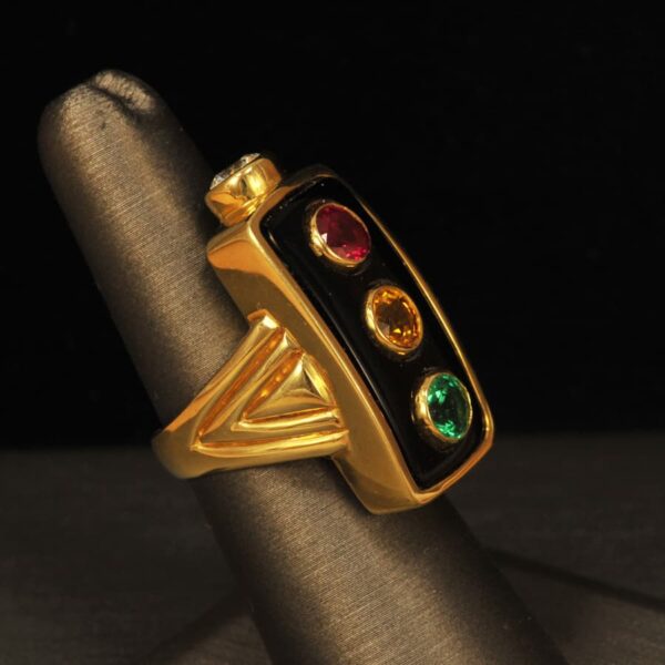 18K gold signal ring, diamond, ruby, emerald, yellow sapphire