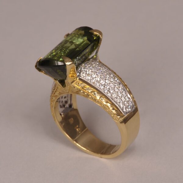 Green tourmaline and diamond ring, special cut