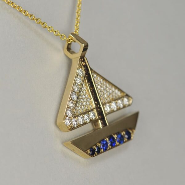 14K yellow gold geometric sailboat diamond pendant with chain