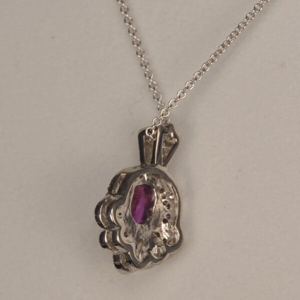 Hot pink sapphire and diamond pendant with chain, vibrant and brilliant