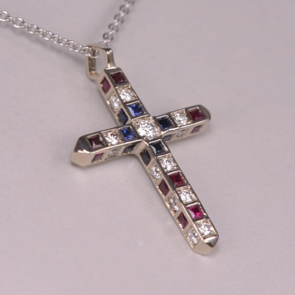 14K USA red, white and blue crucifix, diamond, sapphire and ruby