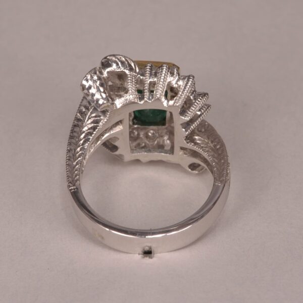 Emerald and diamond ring, two tone gold, roaring 20's design