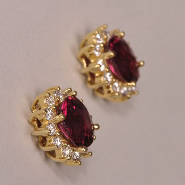 Rubelite tourmaline diamond earrings, special pineapple cut tourmalines