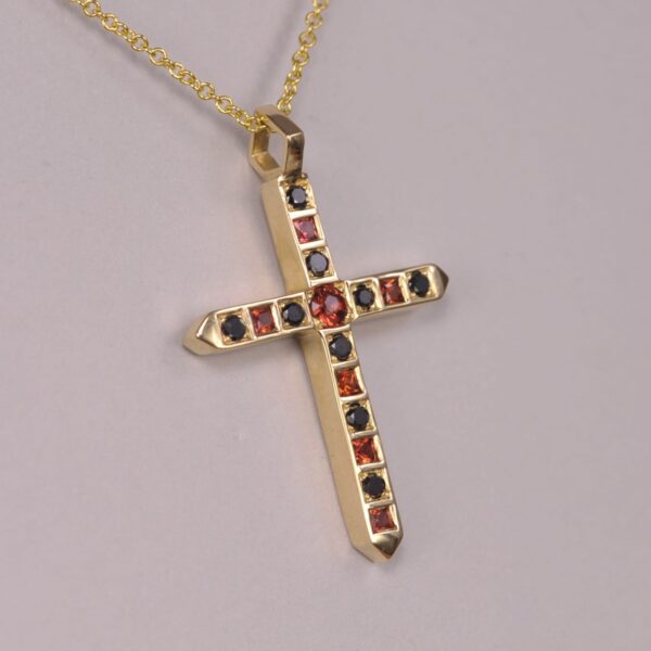 14k orange sapphire and black diamond crucifix cross