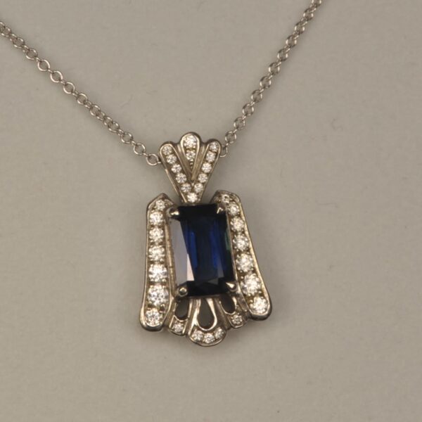 Midnight blue sapphire and diamond pendant, Cajuel deco style, mint