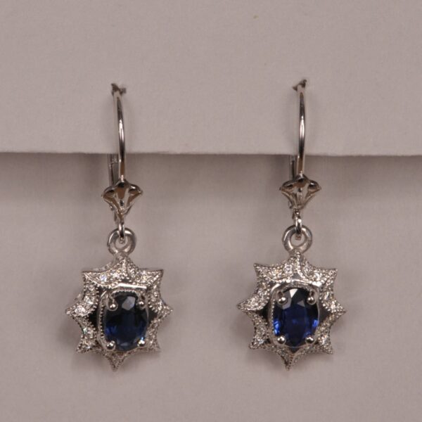 Blue sapphire and diamond earrings, dangle with movement