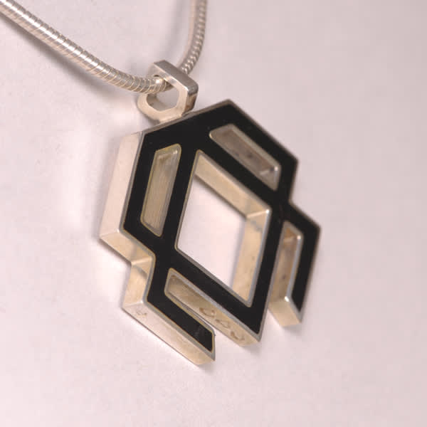 Sterling silver abstract enamel pendant with chain, cajuel geometric, new