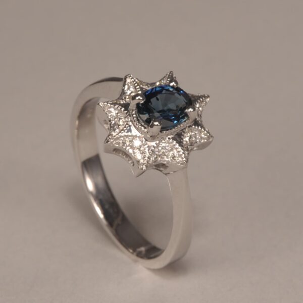 Blue sapphire and diamond ring, handmade, brand new