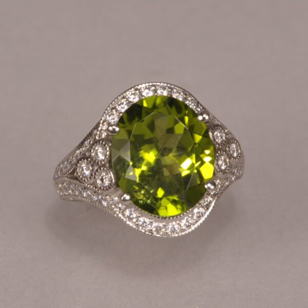 Impressive natural peridot and diamond ring