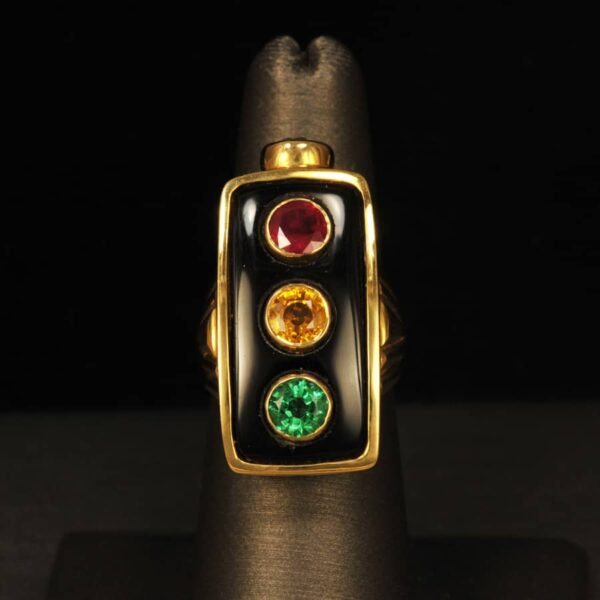 18K gold signal ring, diamond, ruby, emerald, yellow sapphire