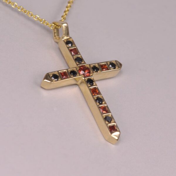 14k orange sapphire and black diamond crucifix cross