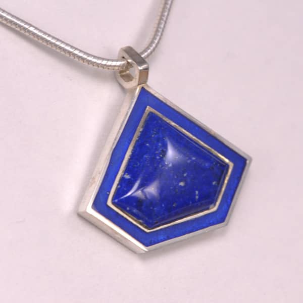 Deep blue lapis and enamel geometric silver pendant