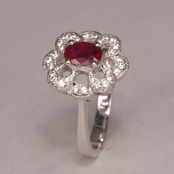 Very Fine ruby and diamond ring, flower motif, handmade