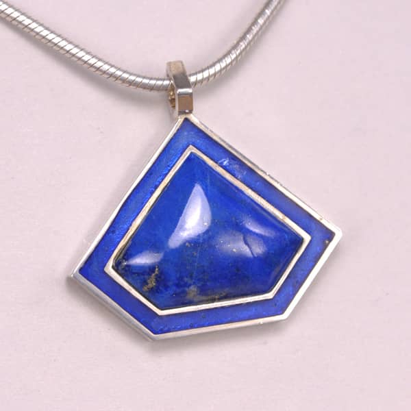 Blue lapis and enamel geometric silver pendant with chain