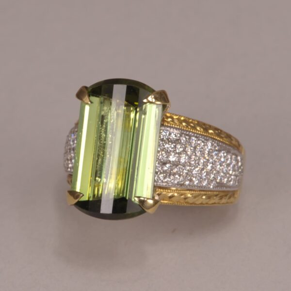 Green tourmaline and diamond ring, special cut