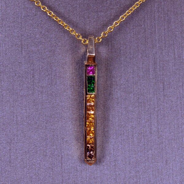 Diamond and fancy gemstone "pencil" pendant, with chain, NEW