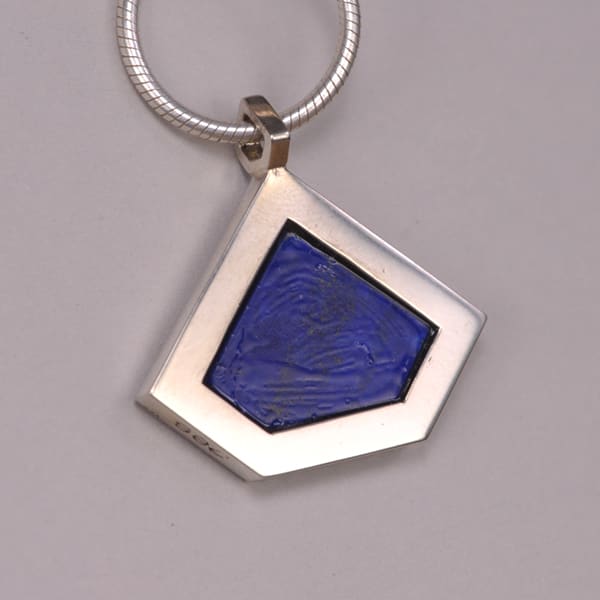 Fine lapis and enamel silver geometric pendant with chain